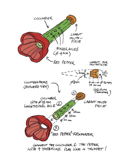 Ink drawing, Handlettering, Coloring, teaser page from the book HOW TO BUILD YOUR OWN VEGETABLE INSTRUMENTS, 4Bit Productions 2018