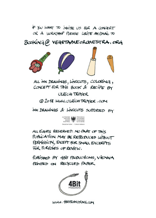 Ink drawing, Handlettering, Coloring, teaser page from the book HOW TO BUILD YOUR OWN VEGETABLE INSTRUMENTS, 4Bit Productions 2018