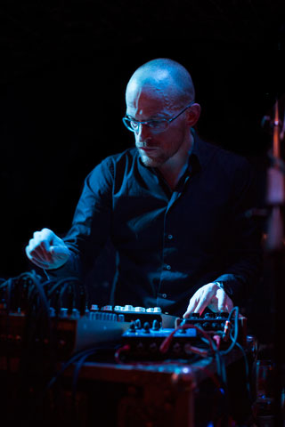 Portrait of Ulrich Troyer during a Live Show at Rhiz, May 2013. Photo made by Eva Kelety.