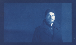 Portrait of Ulrich Troyer as cyanotype, based on a photo by Eva Kelety. Cyanotype by Eva Kelety 2024