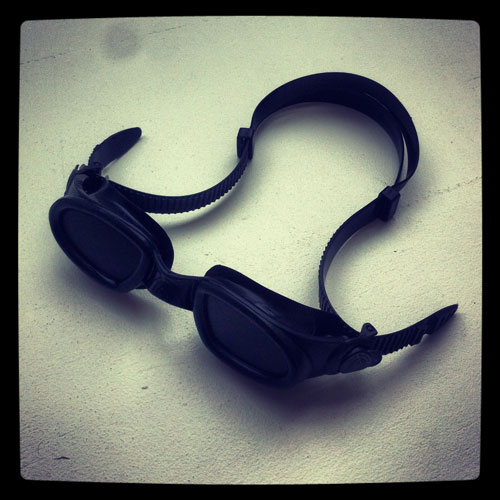 picture of goggles, the glass is sprayed so you cant look through and have to listen